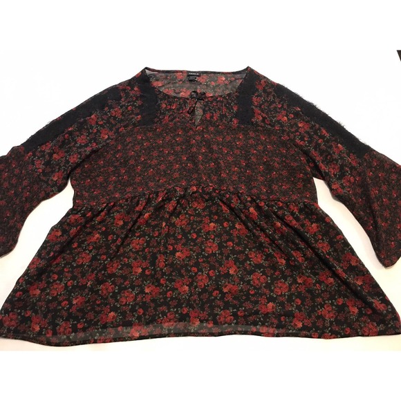 torrid Tops - Torrid Black Red Rose Floral Print Lace Trim Sheer Blouse 3/4 Bell Sleeve Sz 2X